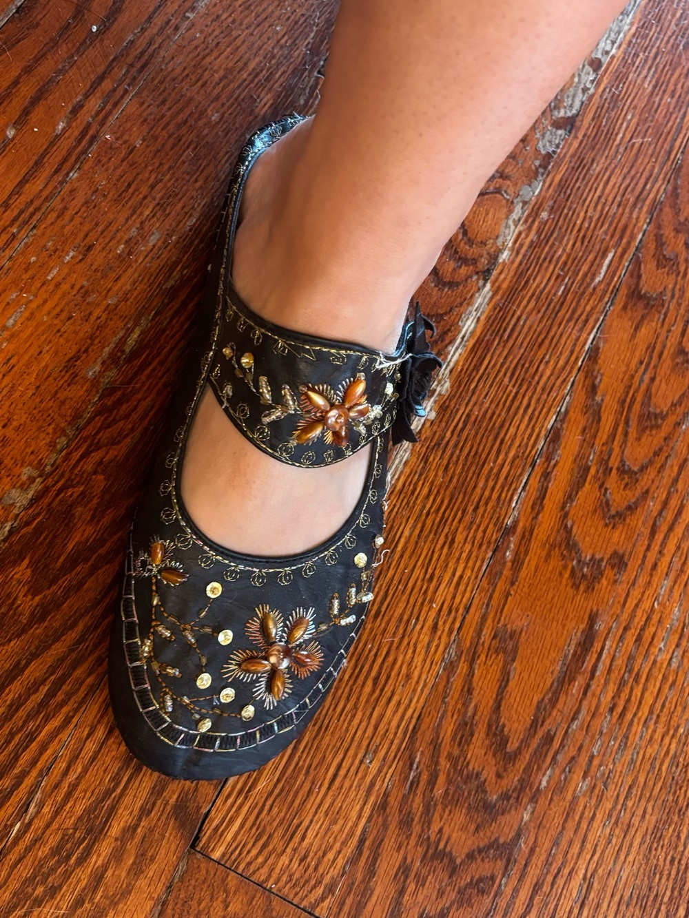 Embellished Black Mary Jane Flat slides with Floral Beading